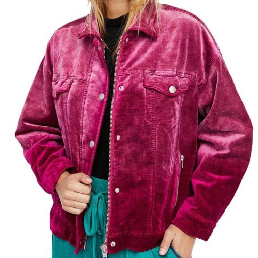 Free People Magenta Trucker Velvet ZIP Up Jacket
